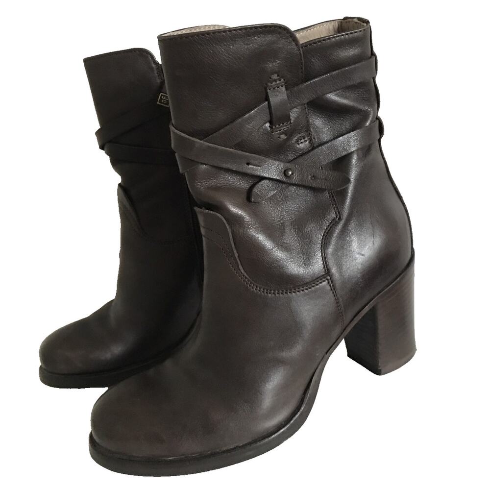 Alberto Fermani Brown Leather Buckle Chucky Heel Zip Up Ankle Boots 37 6.5 RARE